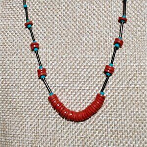 Vtg Native Dainty Coral & Turquoise Heishi Bead Liquid Sterling Silver Necklace